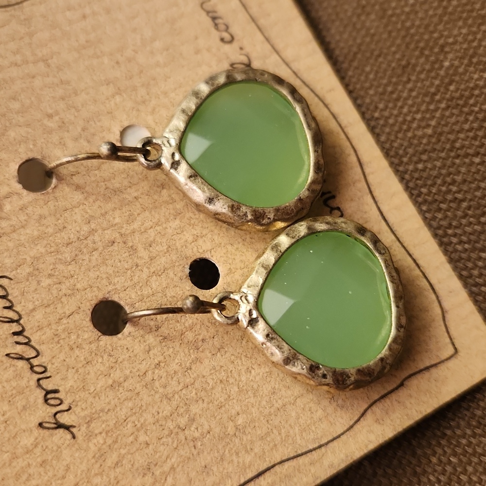 Green Chalcedony abd Brushed Brass Earrings